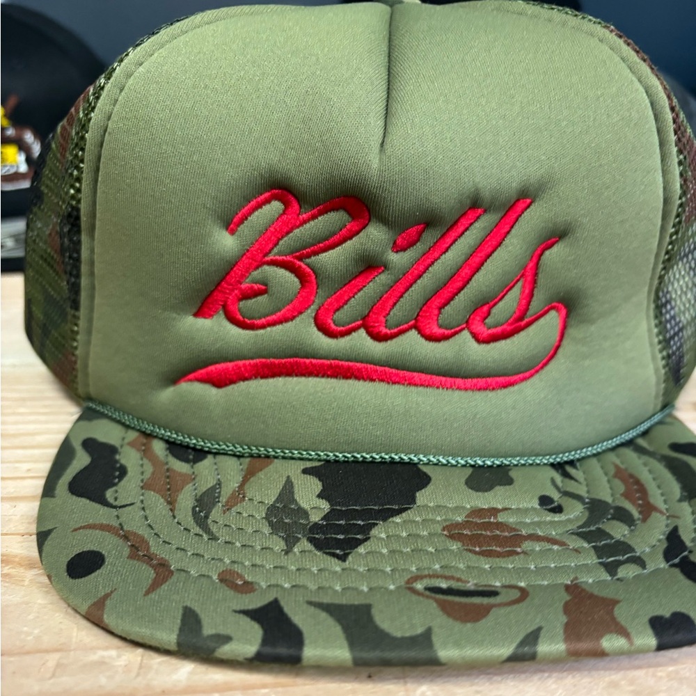 🔥 Buffalo Bills Green and Red Camo Trucker Hat embroidered 🔥